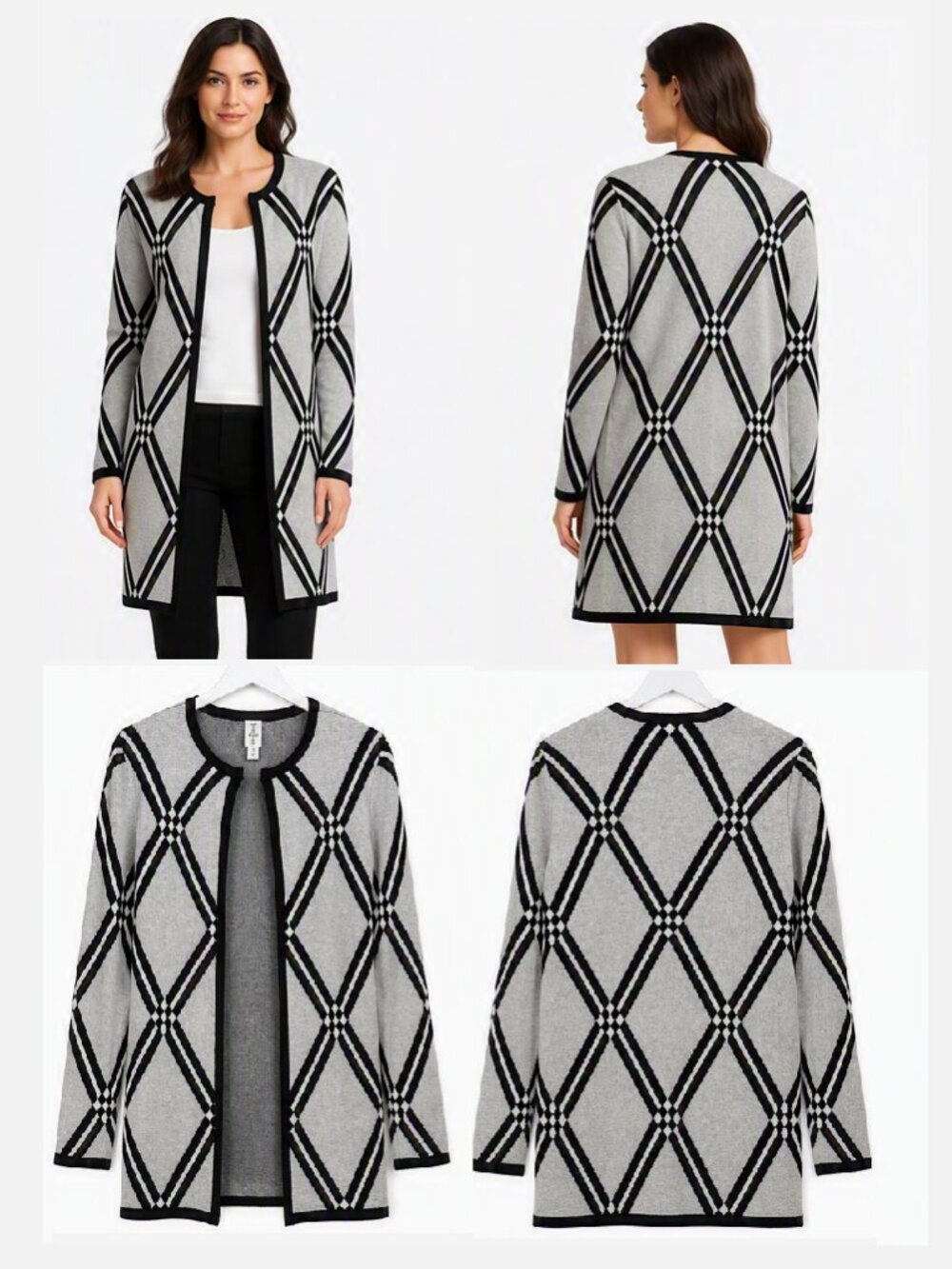 TRISTAN Long Geometric Jacquard Open-Front Cardigan Grey Black